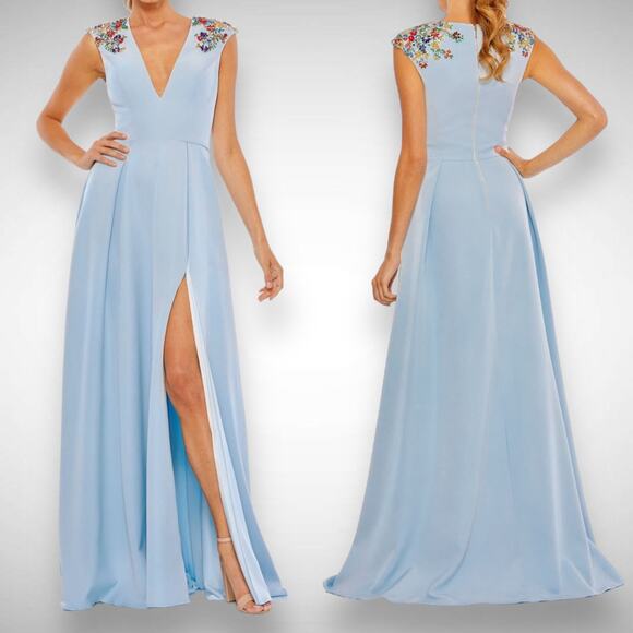 Mac Duggal Ieena Beaded Cap Sleeve V-Neck A Line Gown Dress Size 14 French‎ Blue - Picture 1 of 14